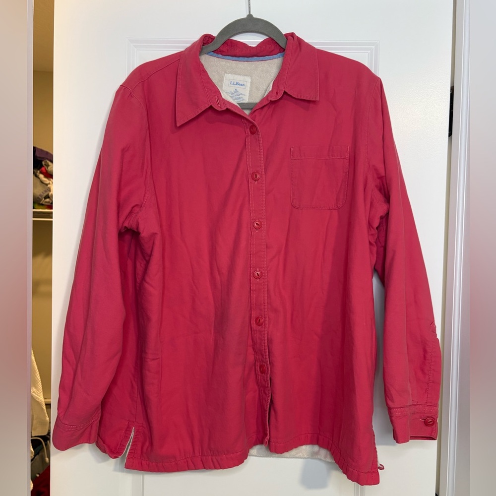 LL Bean Women’s Coral Pink Flannel Sherpa Lined Shacket Jacket XL Cozy